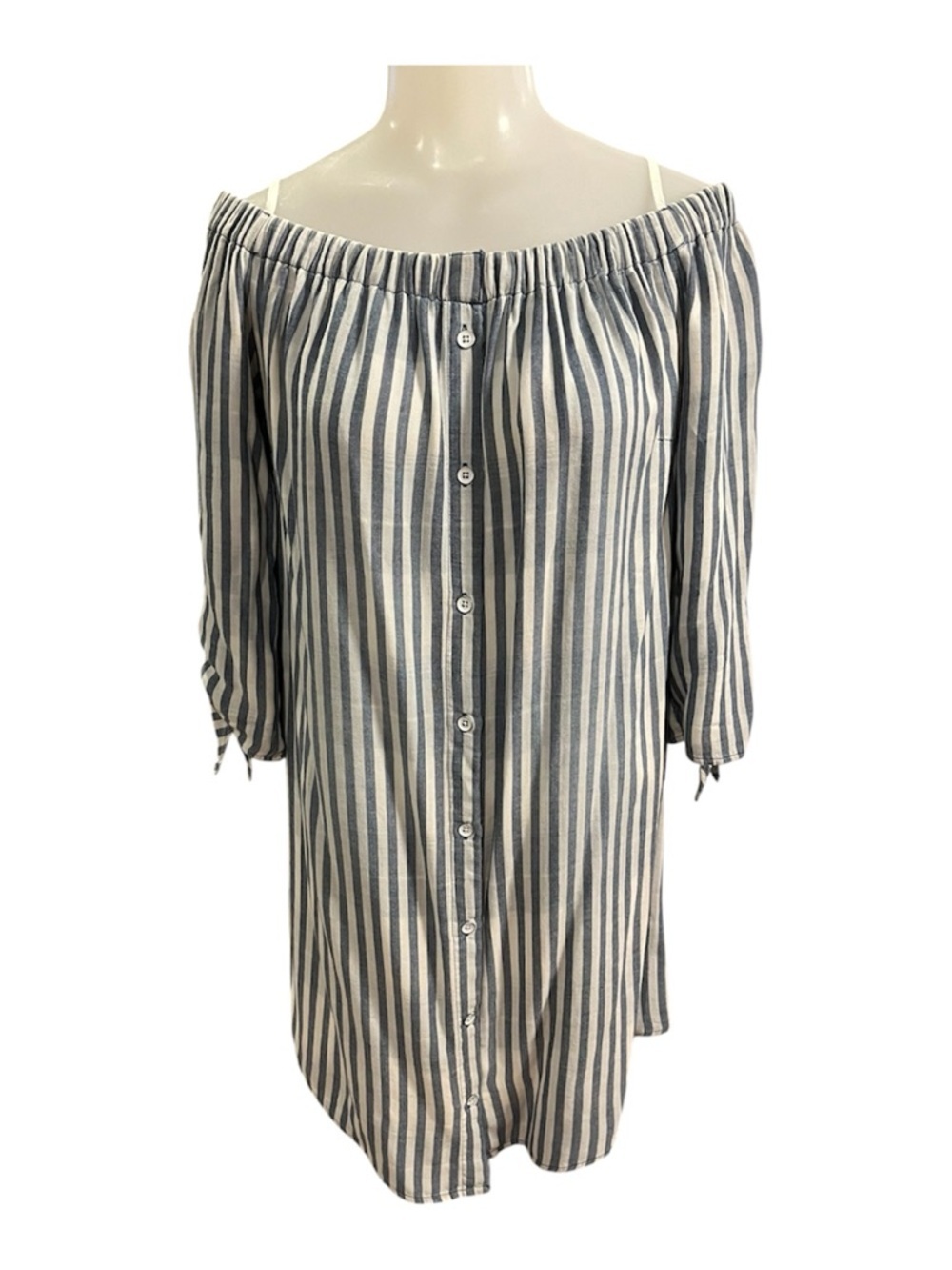 cloth & stone Blue & White Striped Off the Shoulder Button Down Dress size S